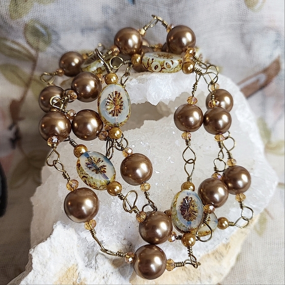 Rich Cocoa Chocolate Brown Faux Pearl Rosary Chain Glass Opaline Beaded Necklace - Picture 3 of 9